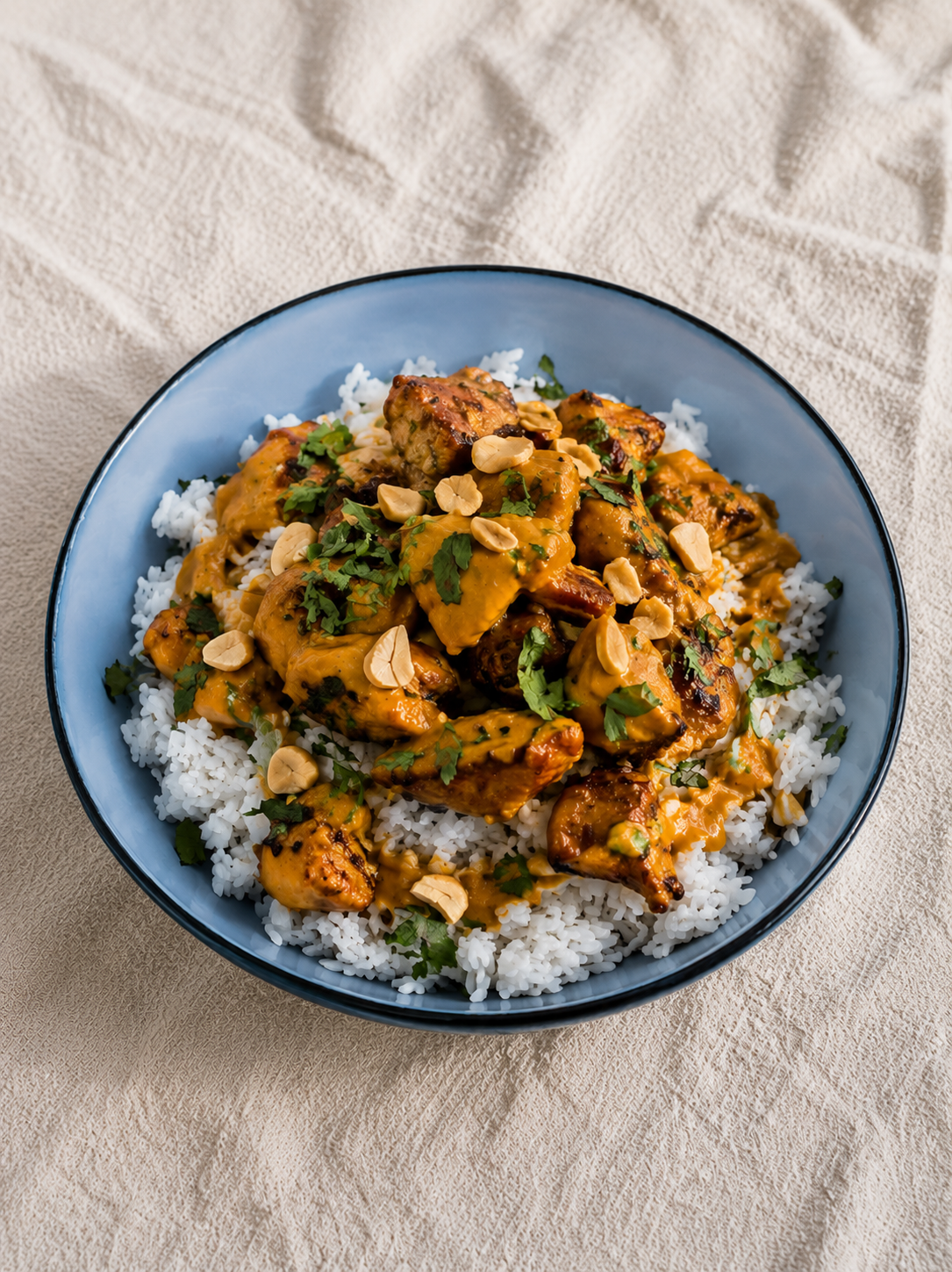 Poulet saté sauce cacahuètes, riz pilaf aux légumes