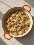 Risotto crémeux aux artichauts, (lard fumé) et citron