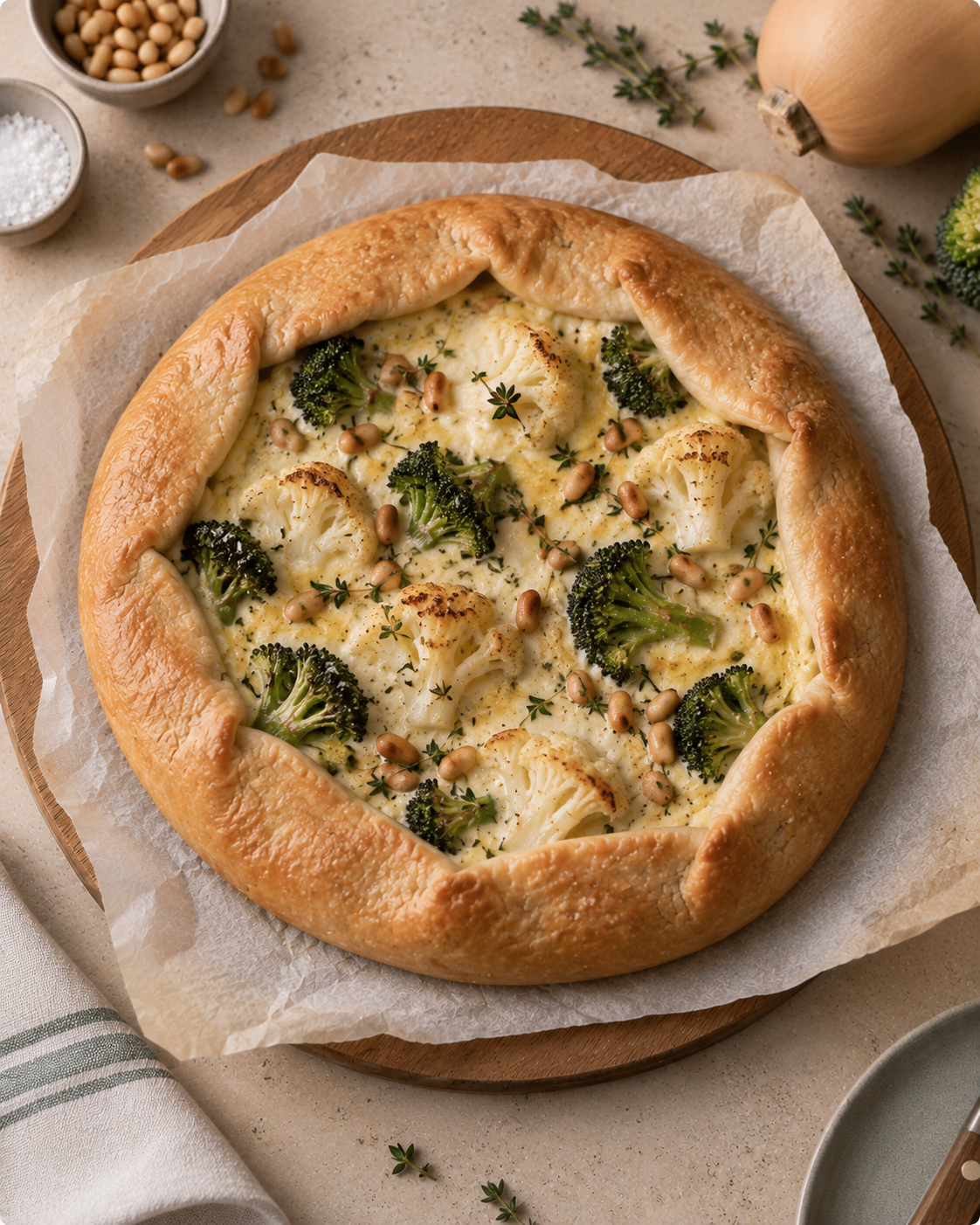 Tarte au chou fleur, brocolis, oignons, fromage de brebis et pignons