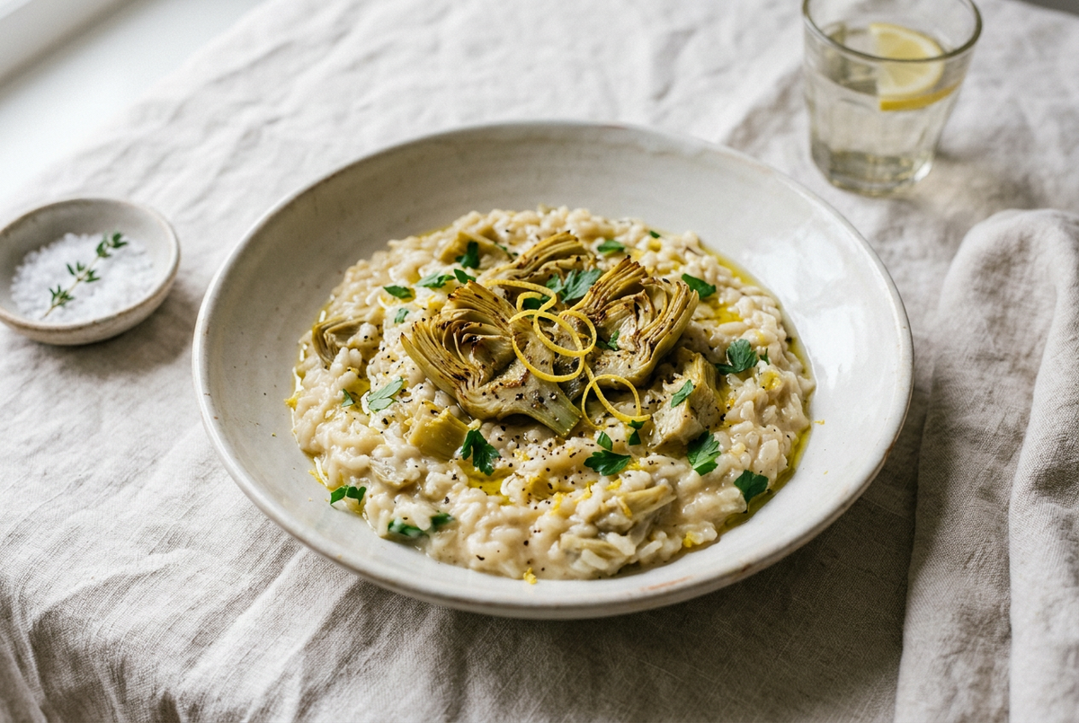 Risotto crémeux aux artichauts, (lard fumé) et citron